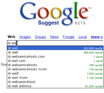 AJAX Google Suggests - Während der Eingabe werden von Google Vorschläge für die Suche angezeigt